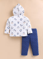 Bumzee White & Navy Animal Print Winter Set, Full Sleeves, Padded