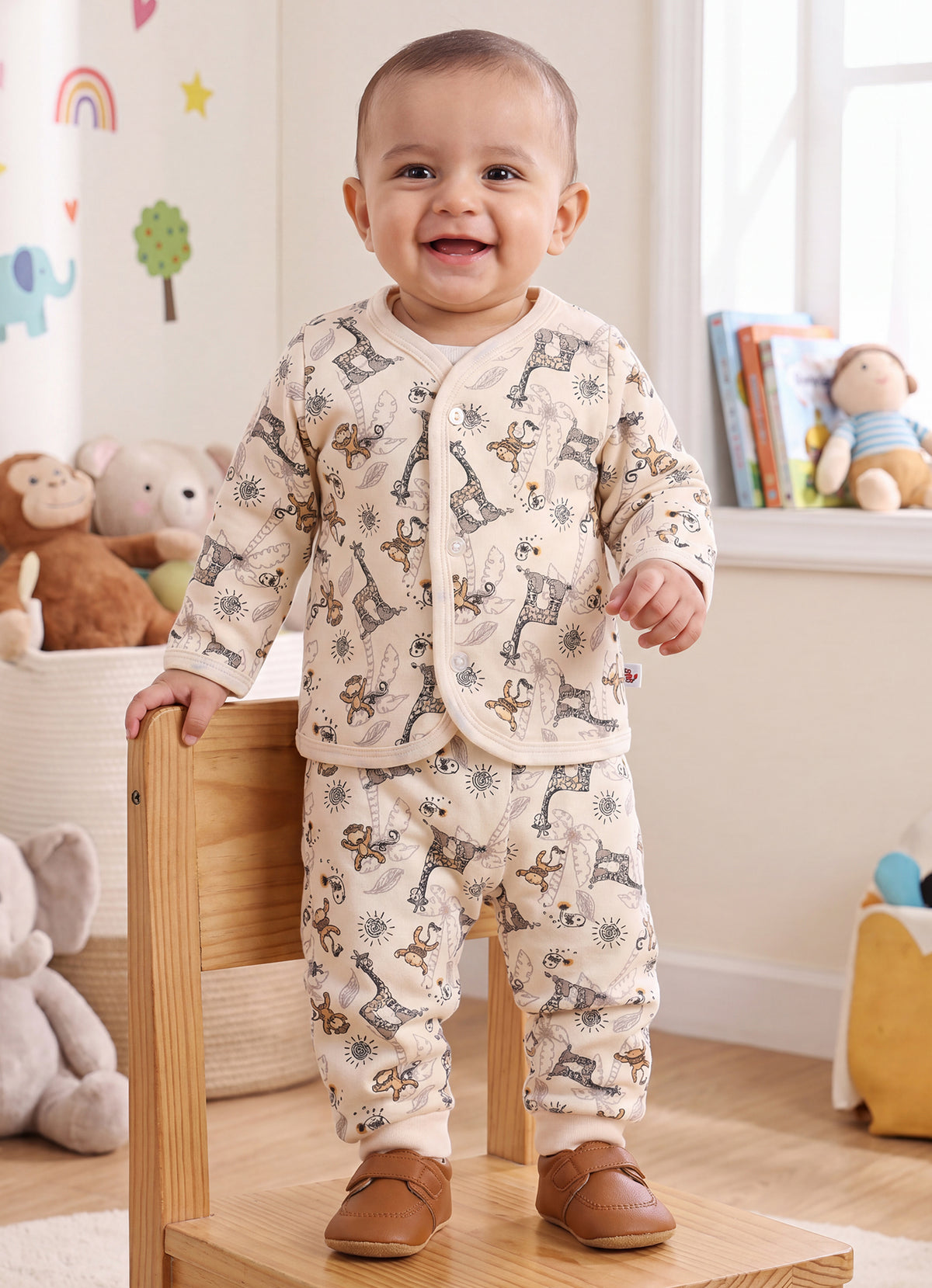 Bumzee Beige Animal Print Winter Set, Full Sleeves, Fleece