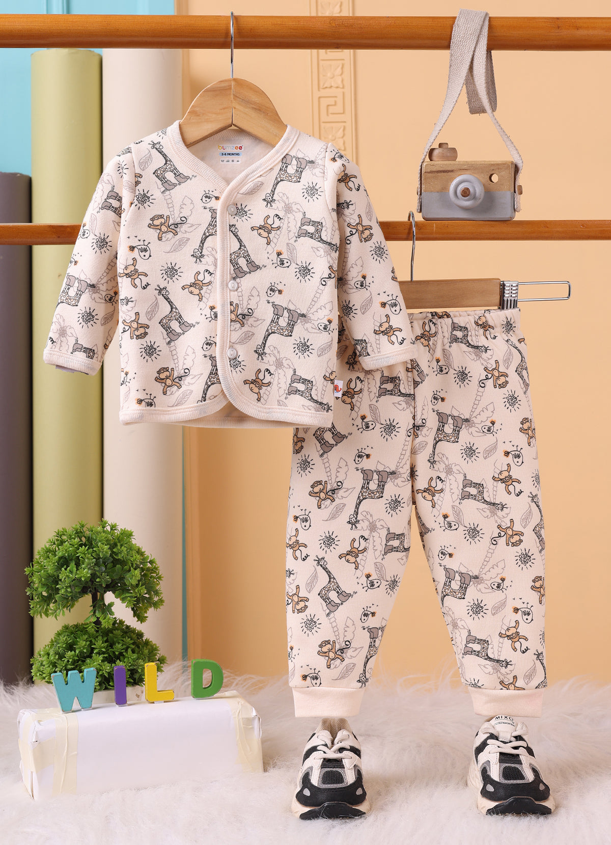 Bumzee Beige Animal Print Winter Set, Full Sleeves, Fleece