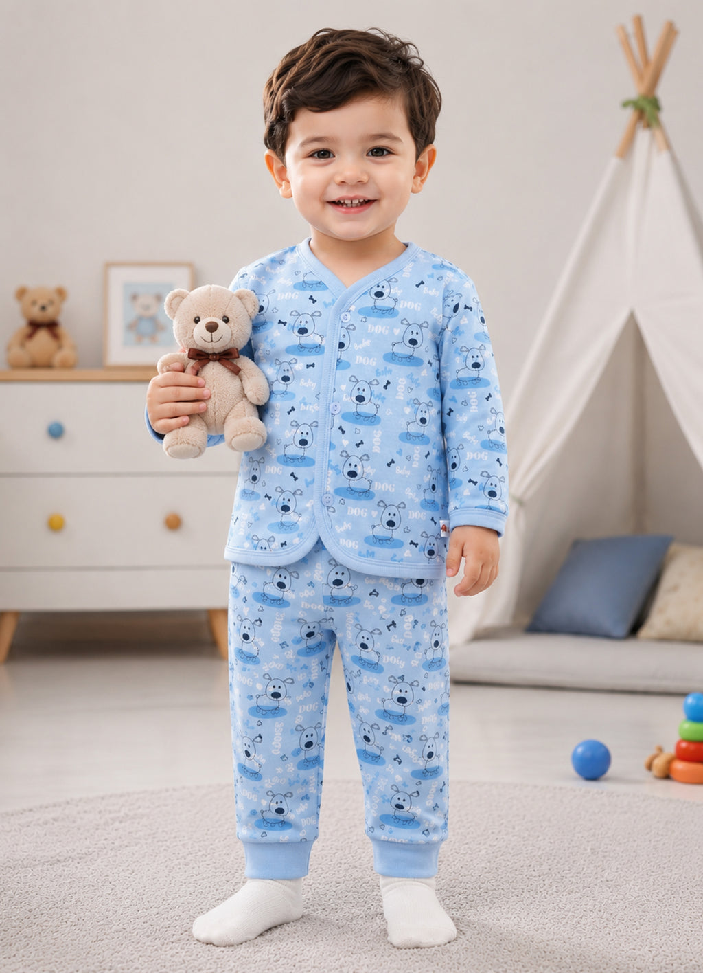 Bumzee Blue Animal Print Winter Set, Full Sleeves, Fleece (Style Peb11660)