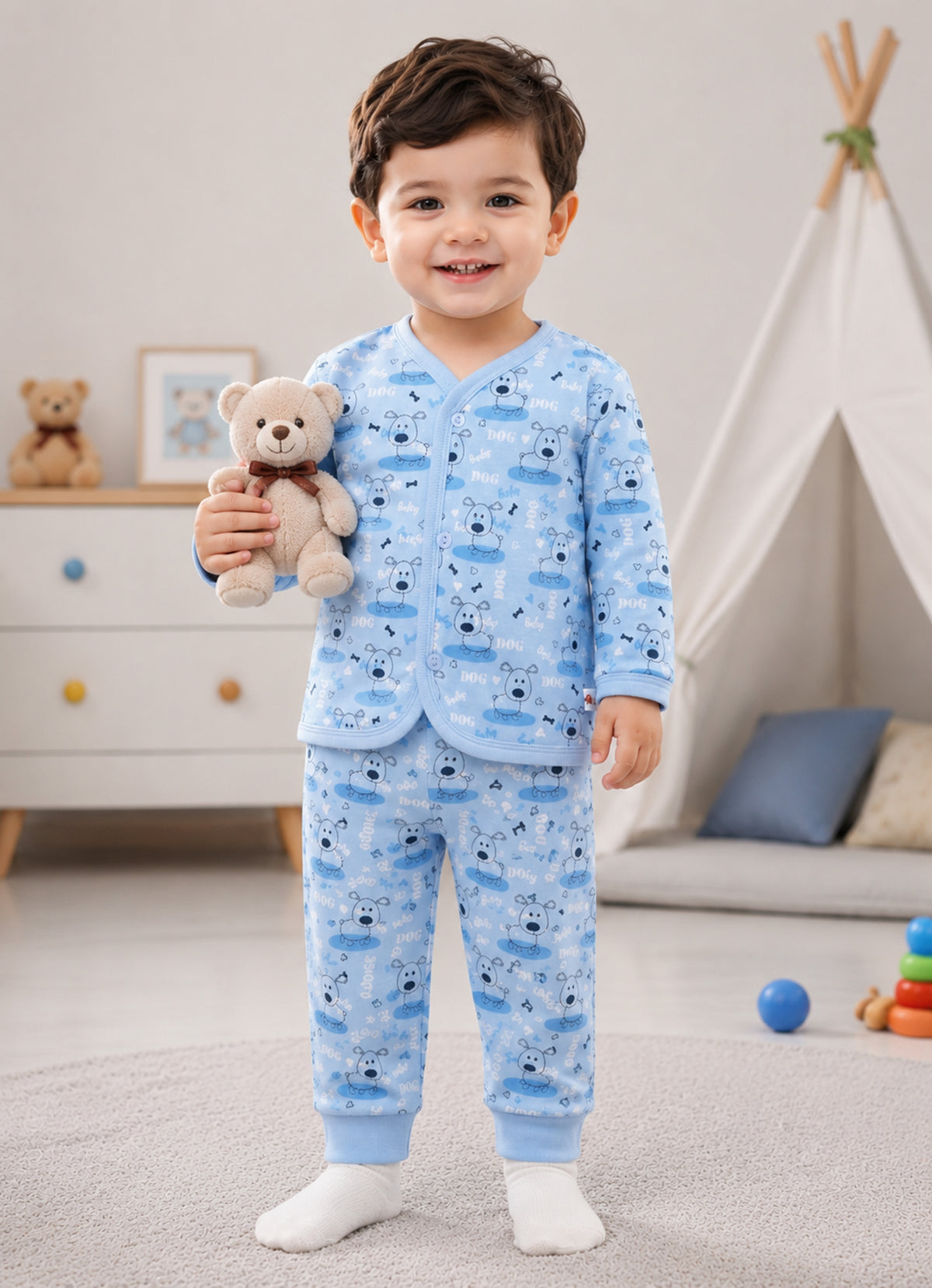 Bumzee Blue Animal Print Winter Set, Full Sleeves, Fleece (Style Peb11660)