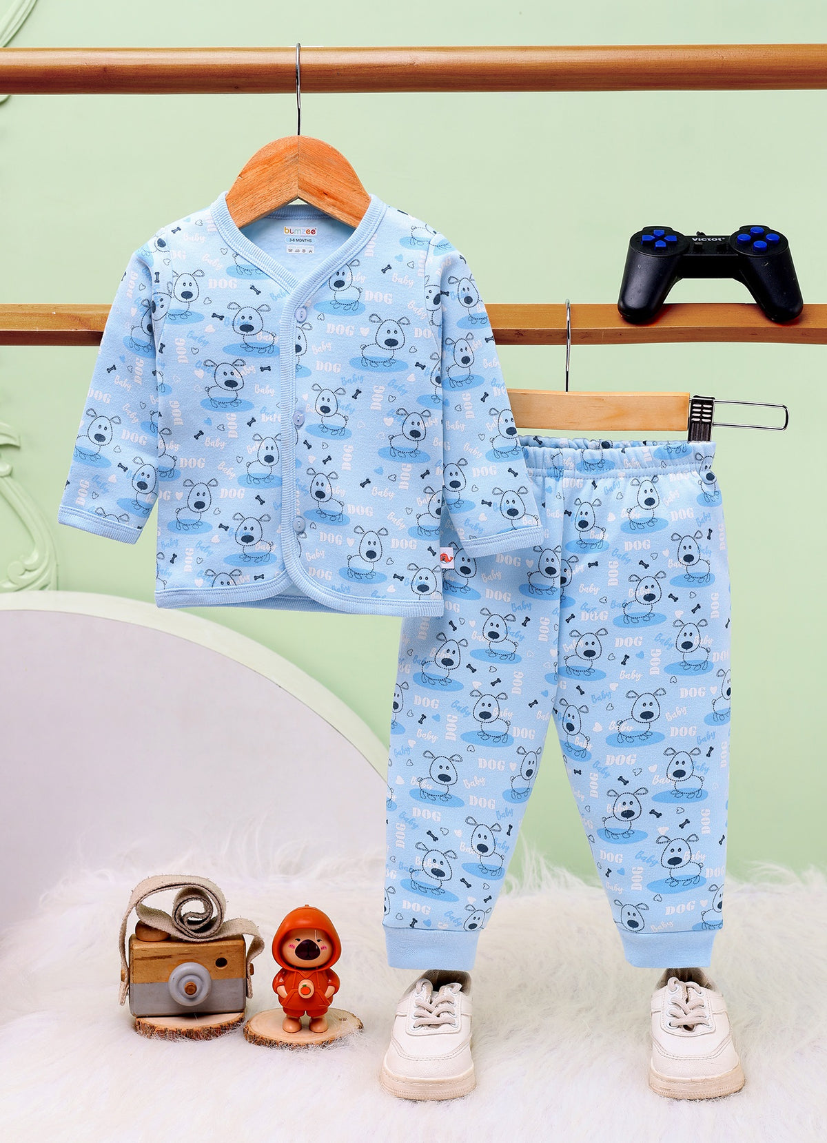 Bumzee Blue Animal Print Winter Set, Full Sleeves, Fleece (Style Peb11660)