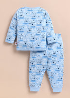 Bumzee Blue Animal Print Winter Set, Full Sleeves, Fleece (Style Peb11660)