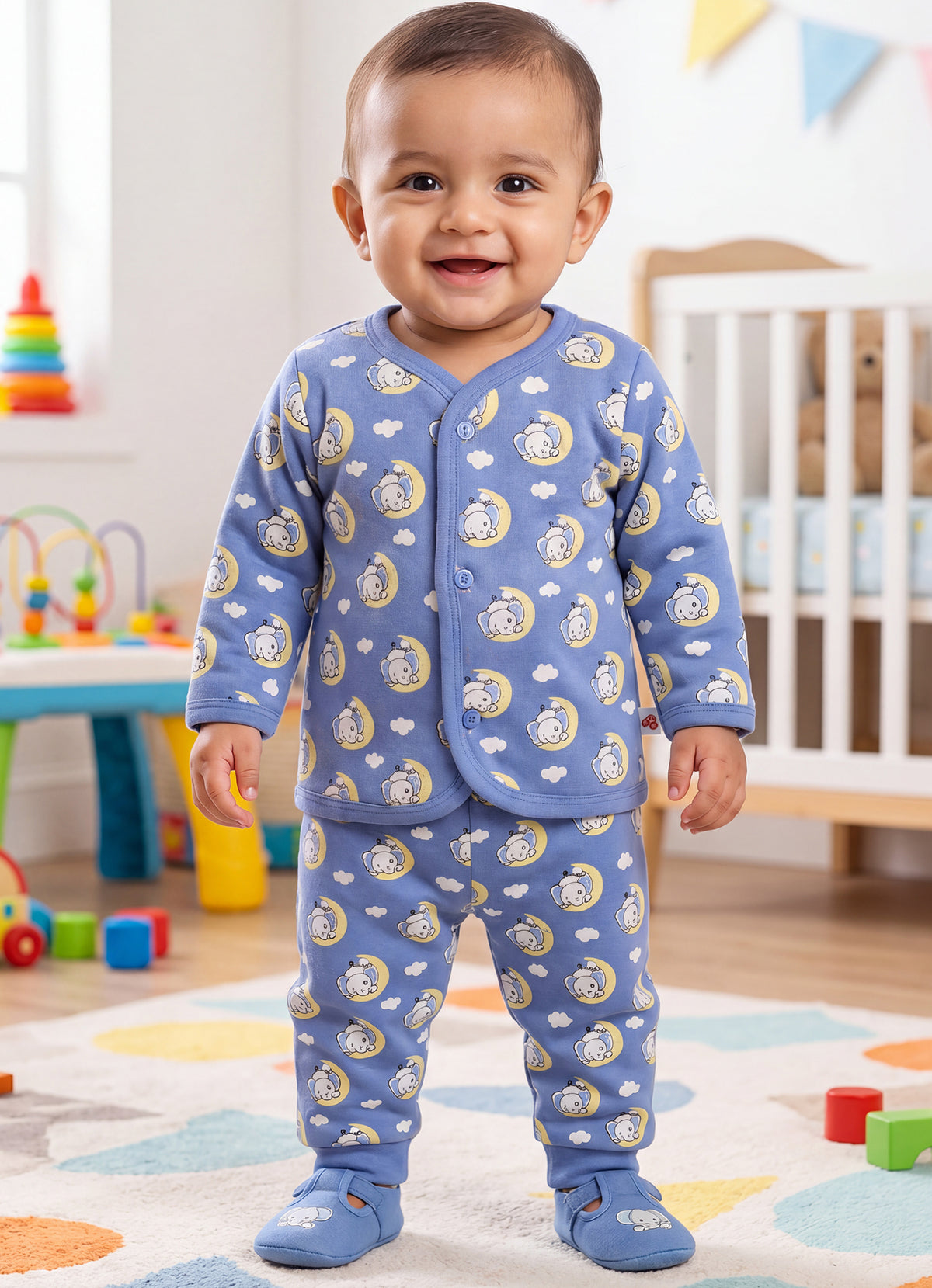 Bumzee Blue Animal Print Winter Set, Full Sleeves, Fleece (Style Peb11661)