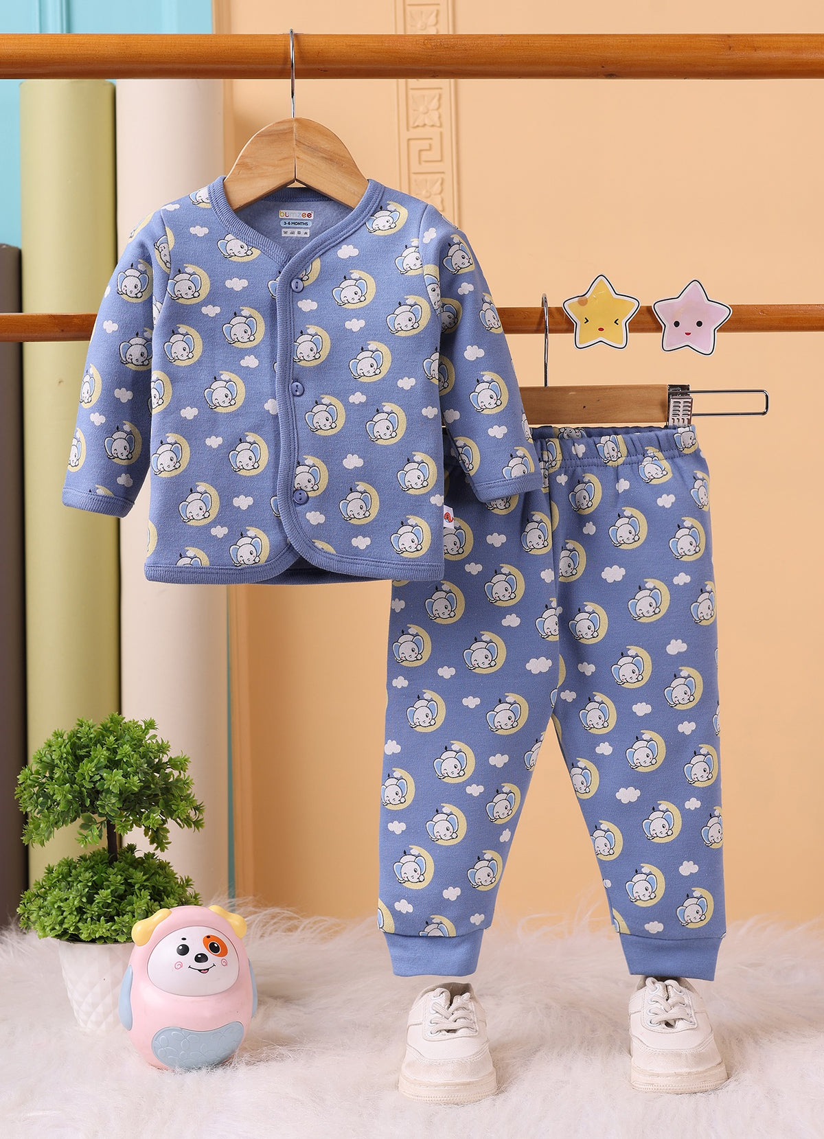 Bumzee Blue Animal Print Winter Set, Full Sleeves, Fleece (Style Peb11661)
