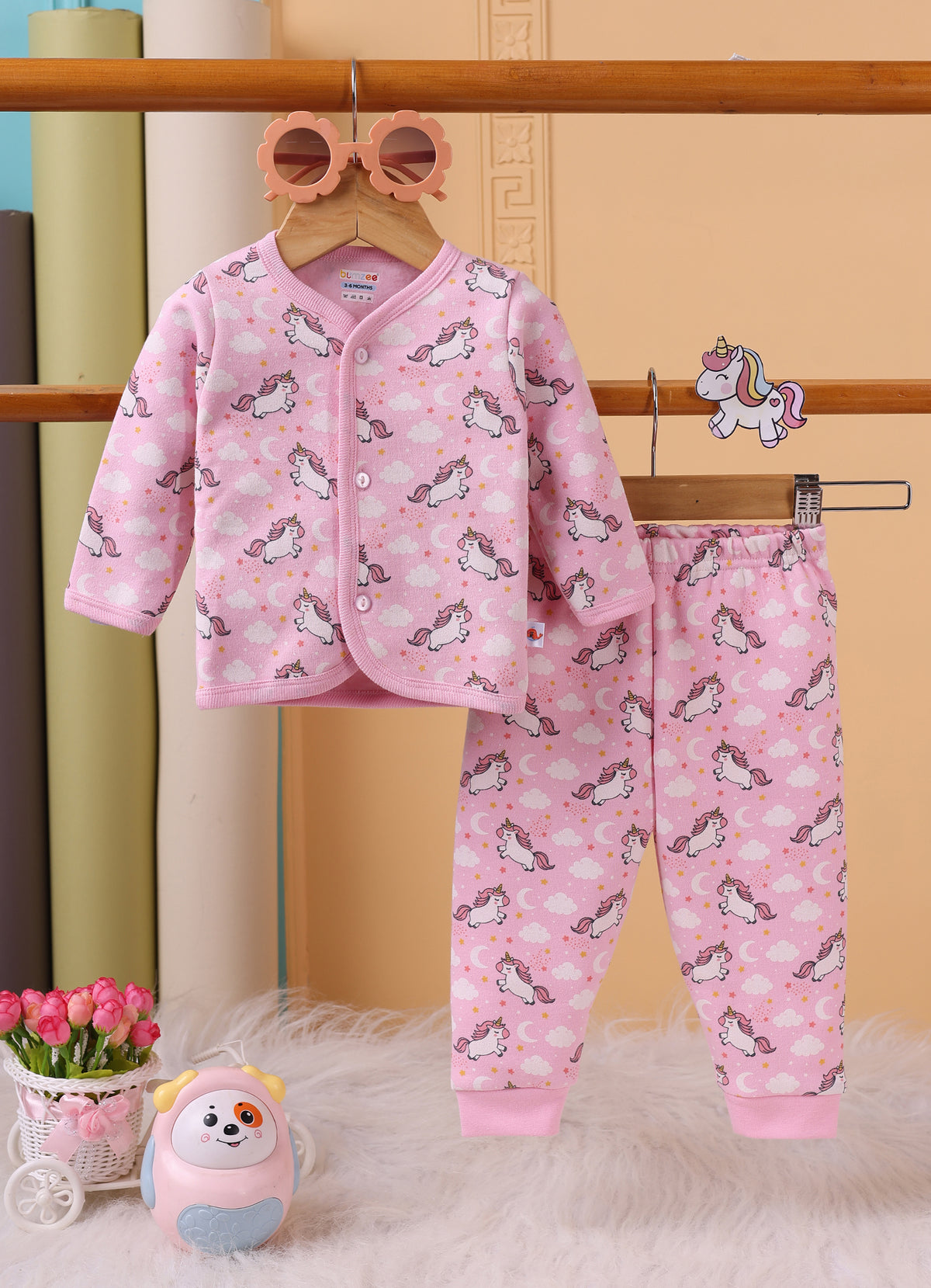 Bumzee Pink Animal Print Winter Set, Full Sleeves, Fleece