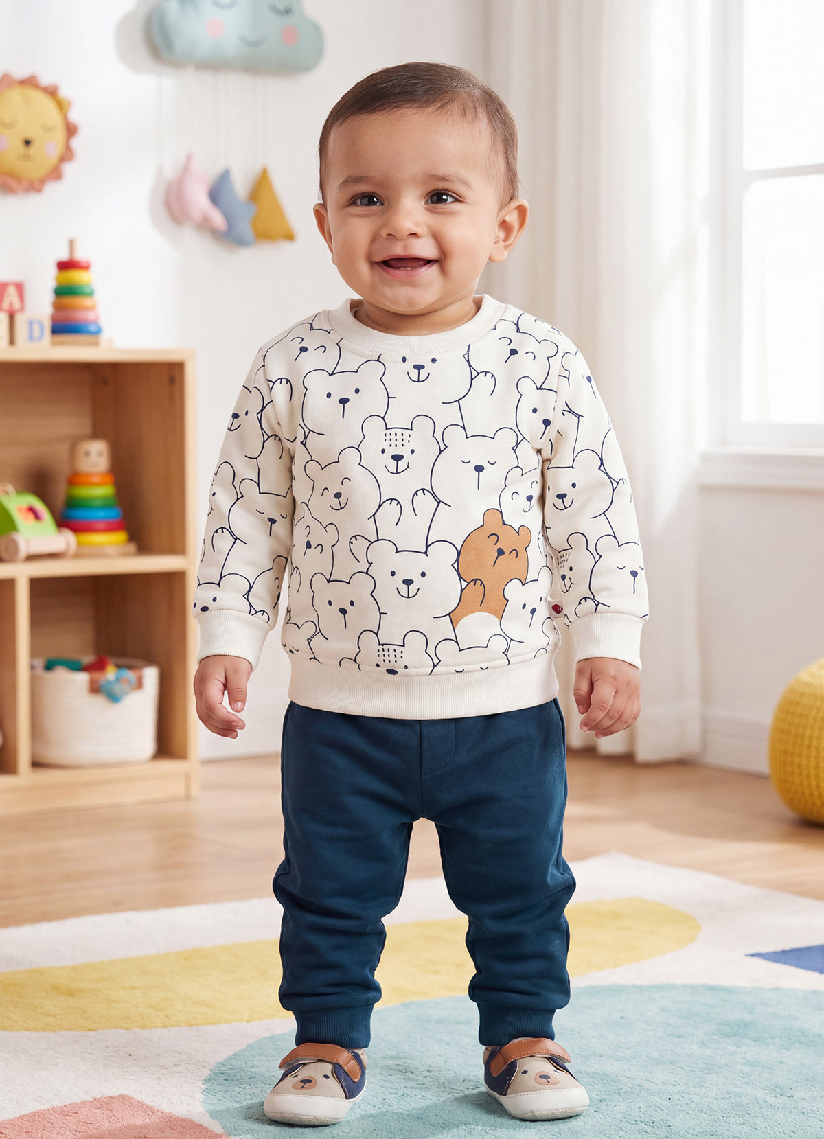 Bumzee Off White & Teal Animal Print Sweatshirt & Jogger Set, Full Sleeves