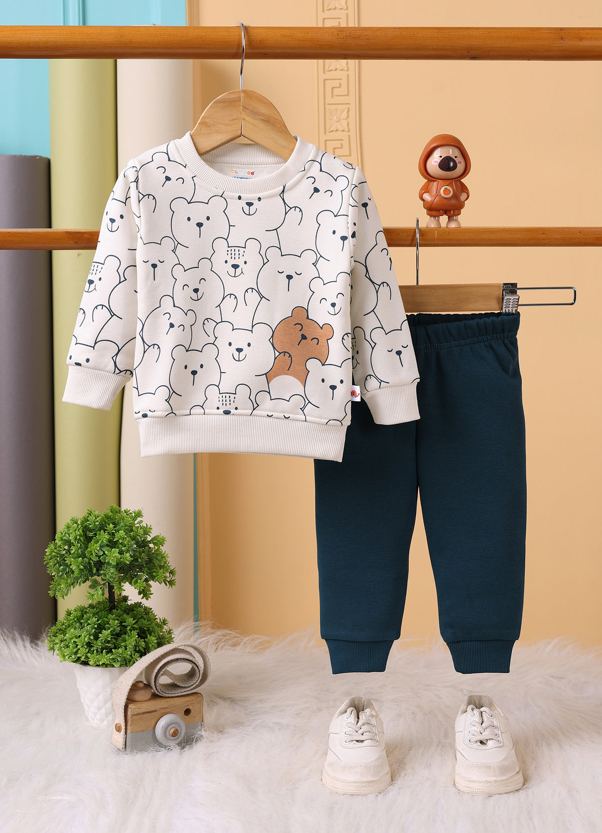 Bumzee Off White & Teal Animal Print Sweatshirt & Jogger Set, Full Sleeves