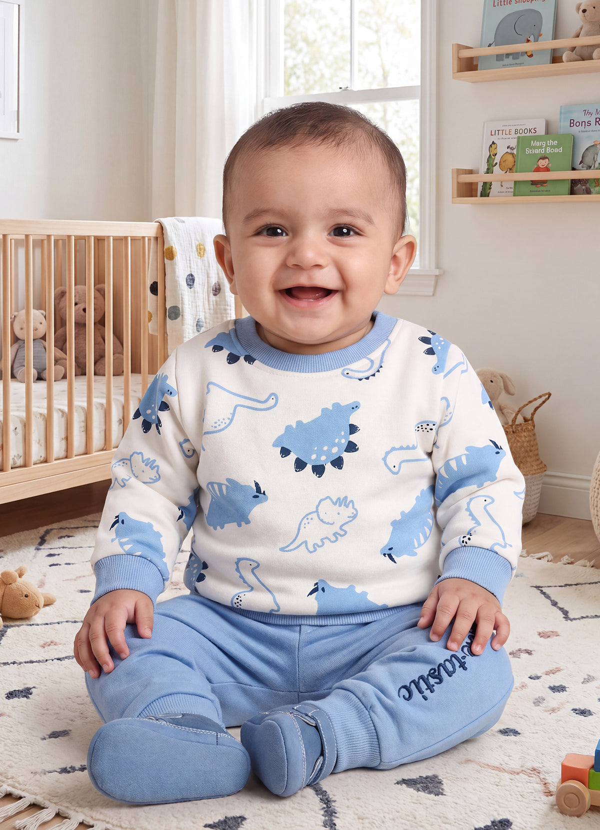 Bumzee Off White & Blue Animal Print Sweatshirt & Jogger Set, Full Sleeves