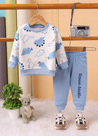 Bumzee Off White & Blue Animal Print Sweatshirt & Jogger Set, Full Sleeves