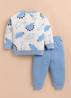 Bumzee Off White & Blue Animal Print Sweatshirt & Jogger Set, Full Sleeves