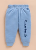 Bumzee Off White & Blue Animal Print Sweatshirt & Jogger Set, Full Sleeves