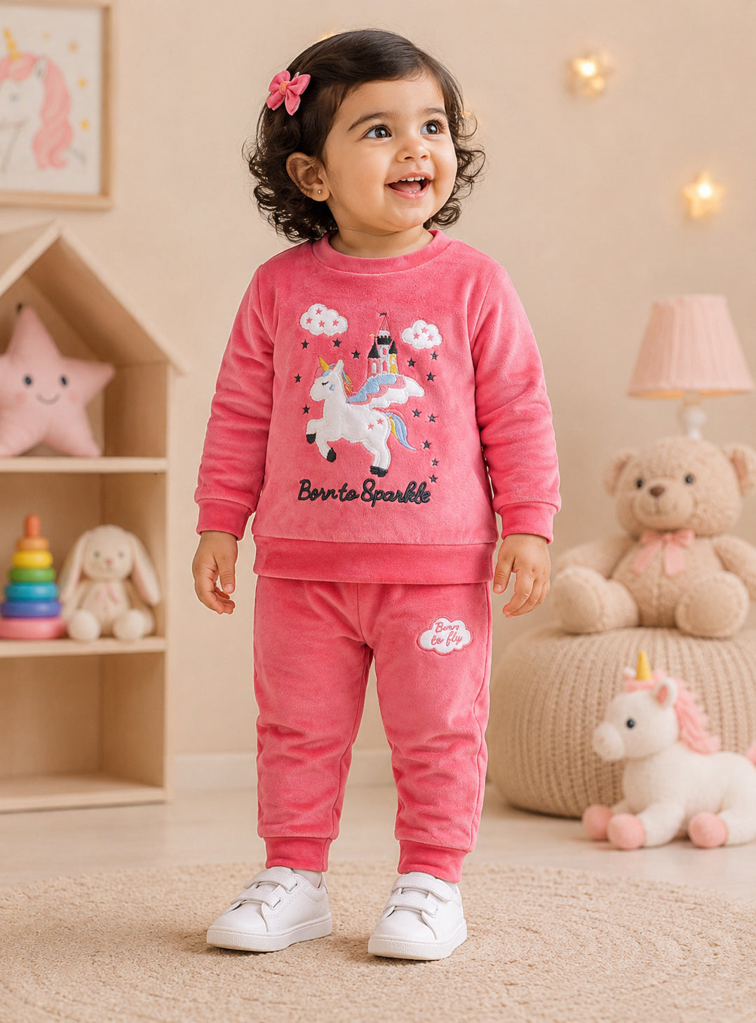 Bumzee Coral Pink Embroidered Winter Set, Full Sleeves, Velvet