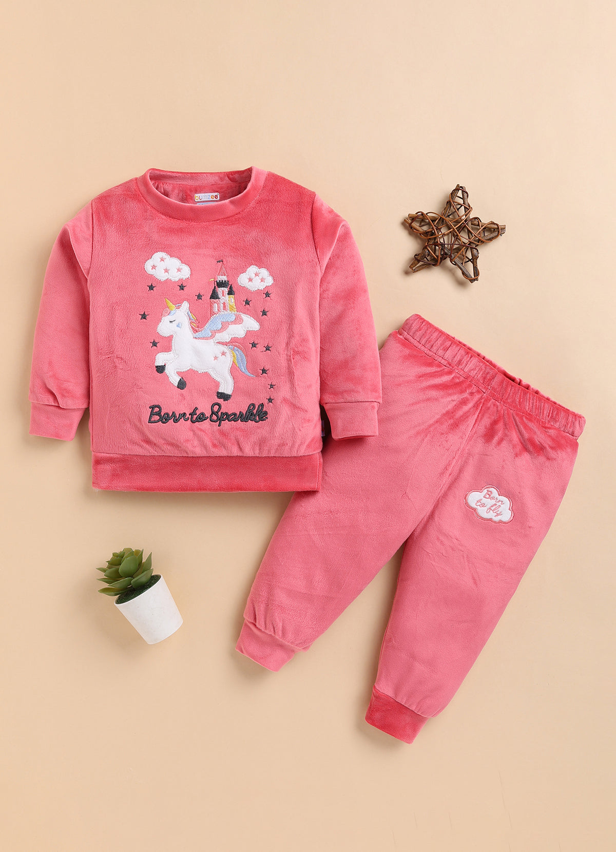 Bumzee Coral Pink Embroidered Winter Set, Full Sleeves, Velvet