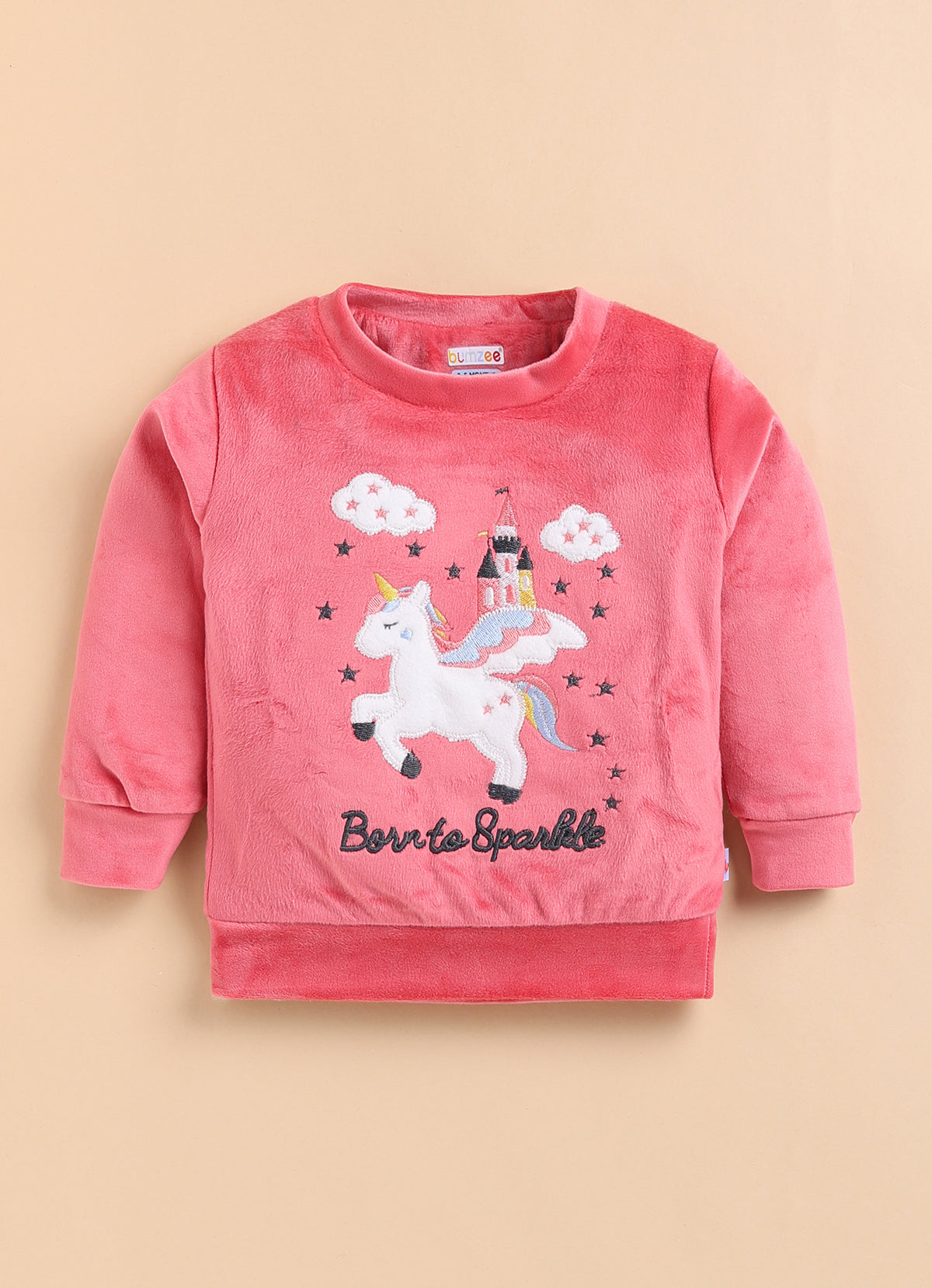 Bumzee Coral Pink Embroidered Winter Set, Full Sleeves, Velvet