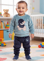 Bumzee Teal Green & Navy Embroidered Winter Set, Full Sleeves, Velvet