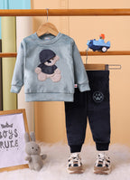 Bumzee Teal Green & Navy Embroidered Winter Set, Full Sleeves, Velvet