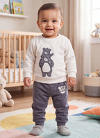 Bumzee Off White & Grey Embroidered Winter Set, Full Sleeves, Velvet