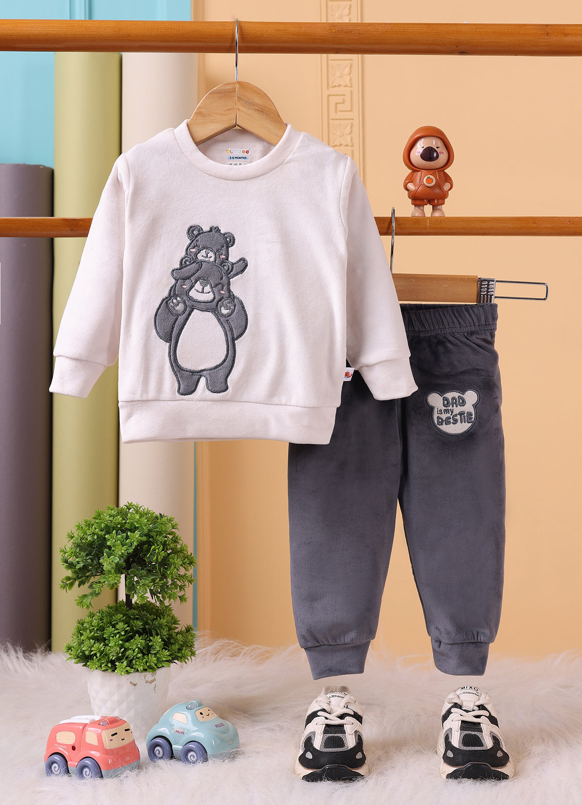 Bumzee Off White & Grey Embroidered Winter Set, Full Sleeves, Velvet
