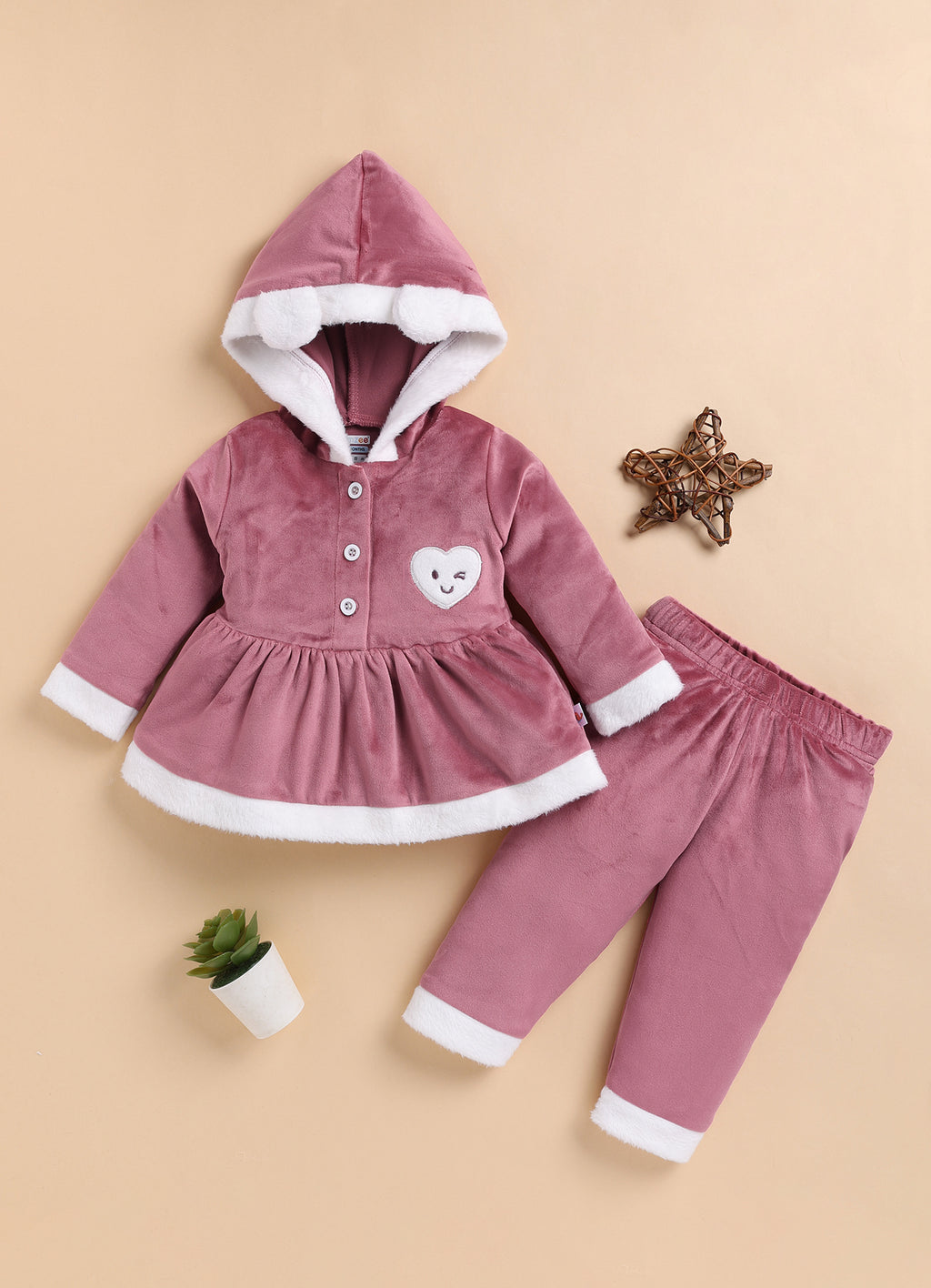 Bumzee Rose Pink Embroidered Winter Set, Full Sleeves, Velvet