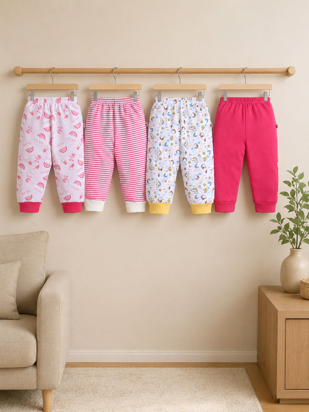 Bumzee Pink & White Animal Print Pyjamas, Pack of 4, 100% Cotton