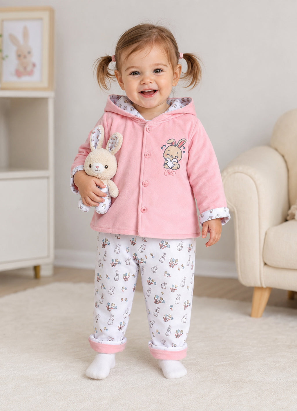 Bumzee Pink & White Animal Print Winter Set, Full Sleeves, Velvet