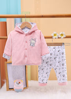 Bumzee Pink & White Animal Print Winter Set, Full Sleeves, Velvet