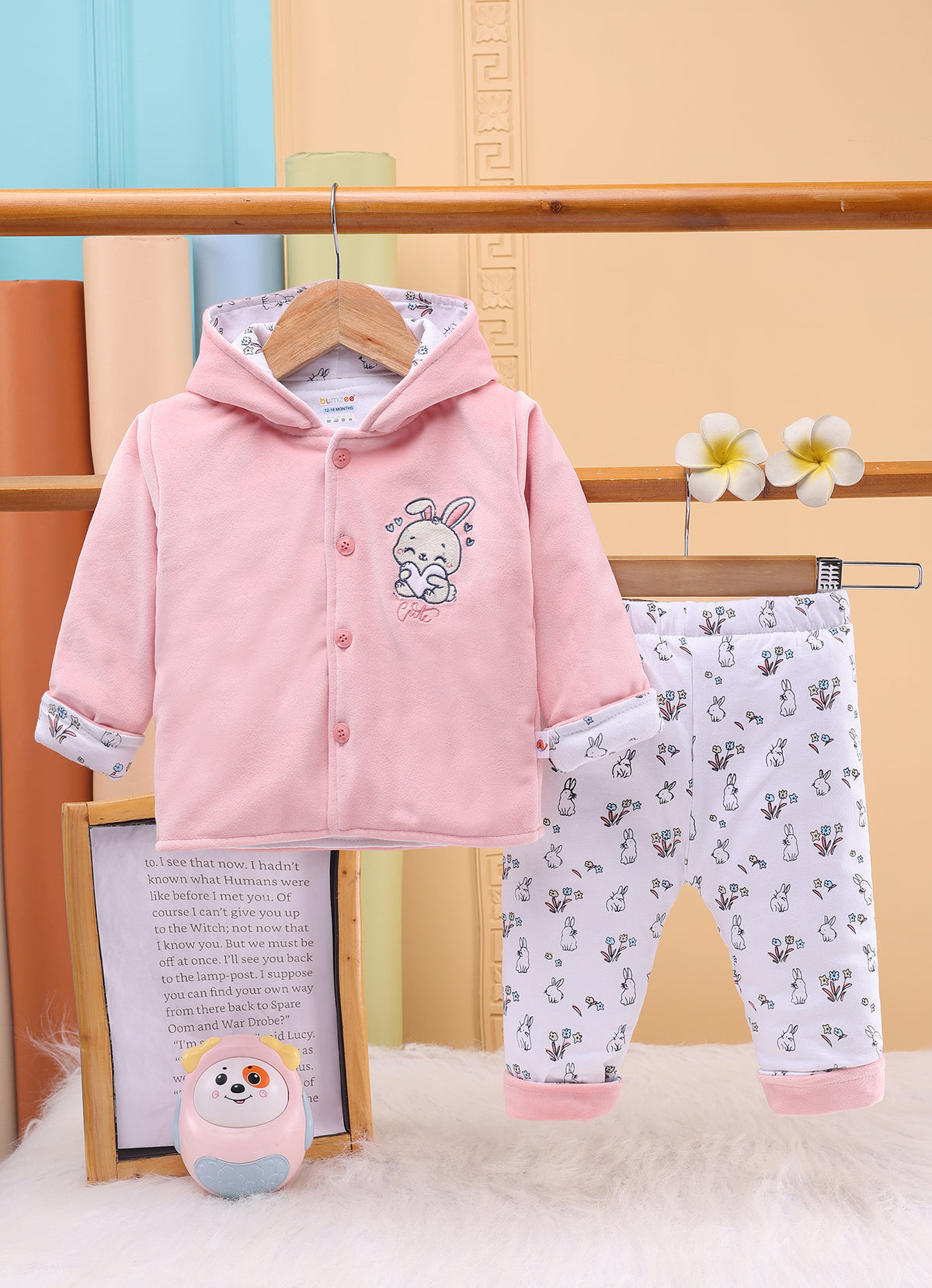 Bumzee Pink & White Animal Print Winter Set, Full Sleeves, Velvet