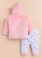 Bumzee Pink & White Animal Print Winter Set, Full Sleeves, Velvet