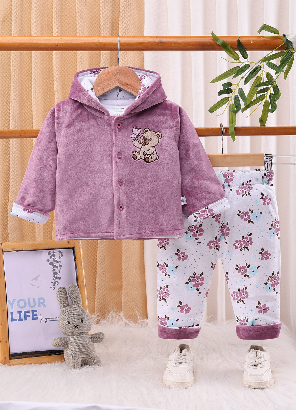 Bumzee Mauve & White Embroidered Winter Set, Full Sleeves, Velvet