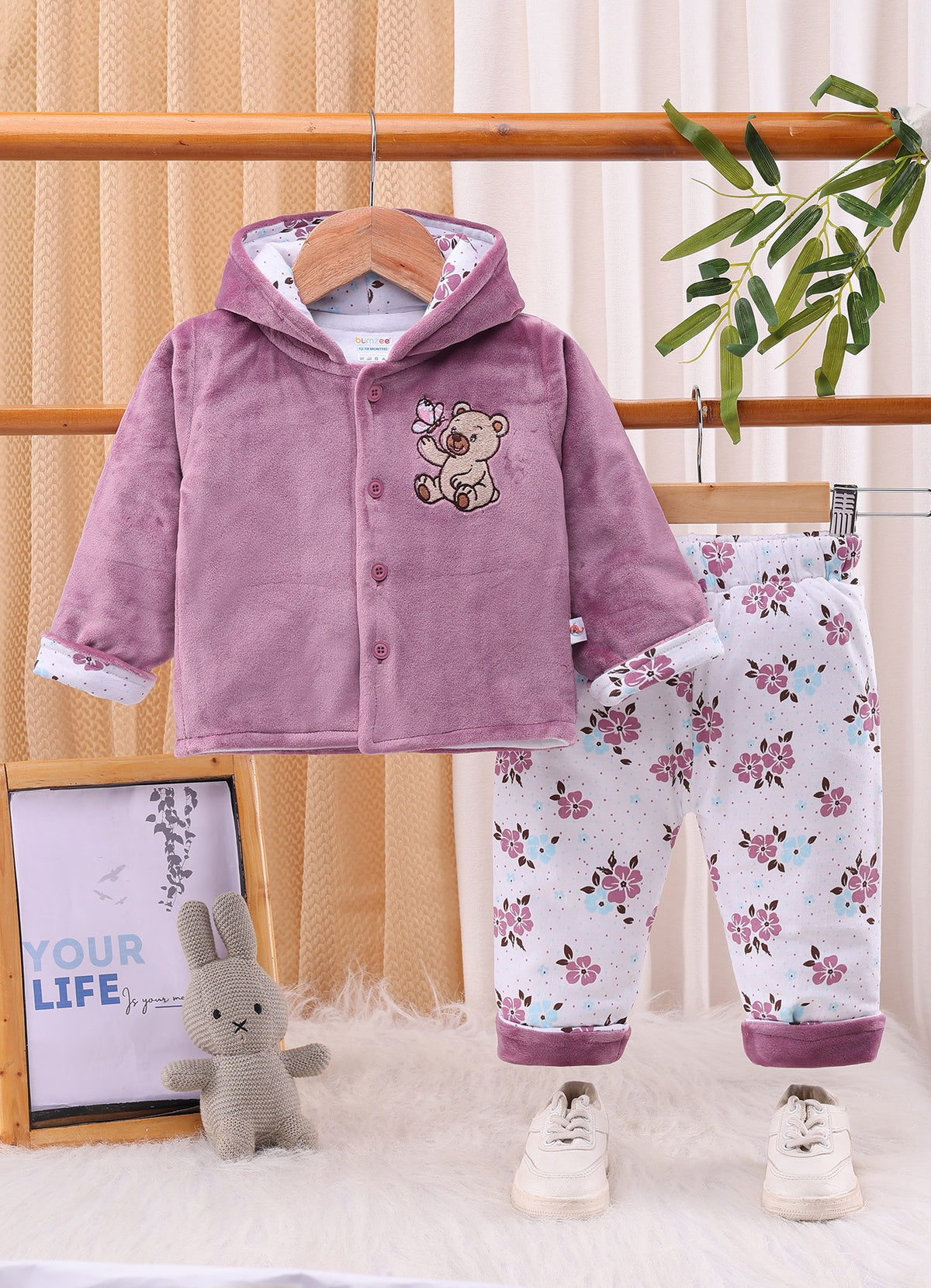 Bumzee Mauve & White Embroidered Winter Set, Full Sleeves, Velvet