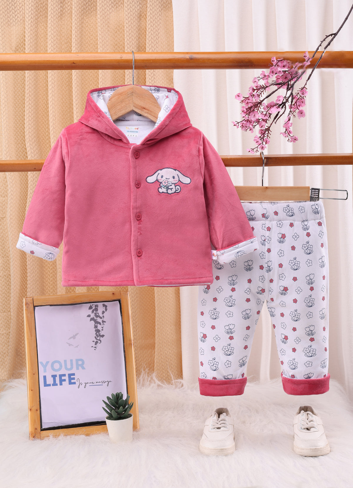 Bumzee Pink & White Embroidered Winter Set, Full Sleeves, Velvet