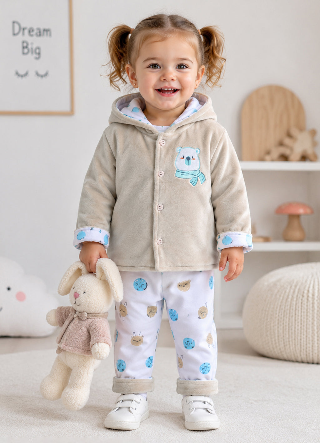 Bumzee Beige & White Animal Print Winter Set, Full Sleeves, Velvet