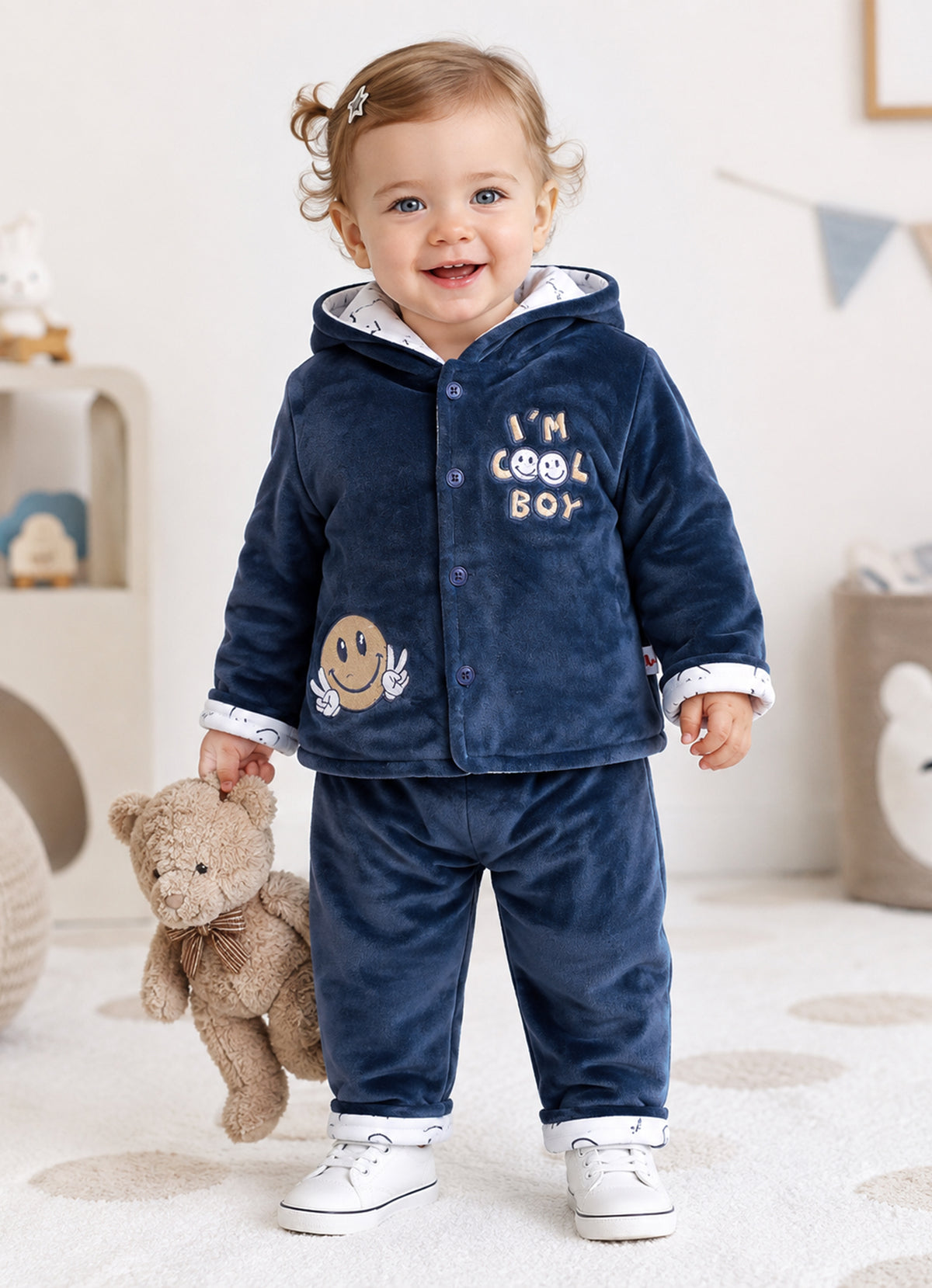Bumzee Blue Embroidered Winter Set, Full Sleeves, Velvet