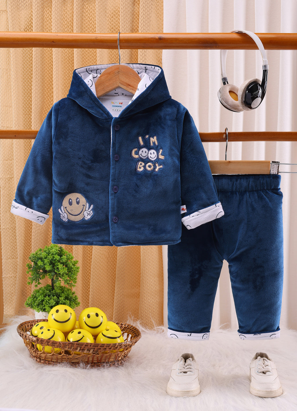 Blue Velvet Hooded Winter Set, Full Sleeves