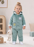 Bumzee Green Embroidered Winter Set, Full Sleeves, Velvet, Hooded (Style Peb11699)