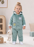 Bumzee Green Embroidered Winter Set, Full Sleeves, Velvet, Hooded (Style Peb11699)