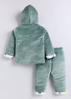 Bumzee Green Embroidered Winter Set, Full Sleeves, Velvet, Hooded (Style Peb11699)