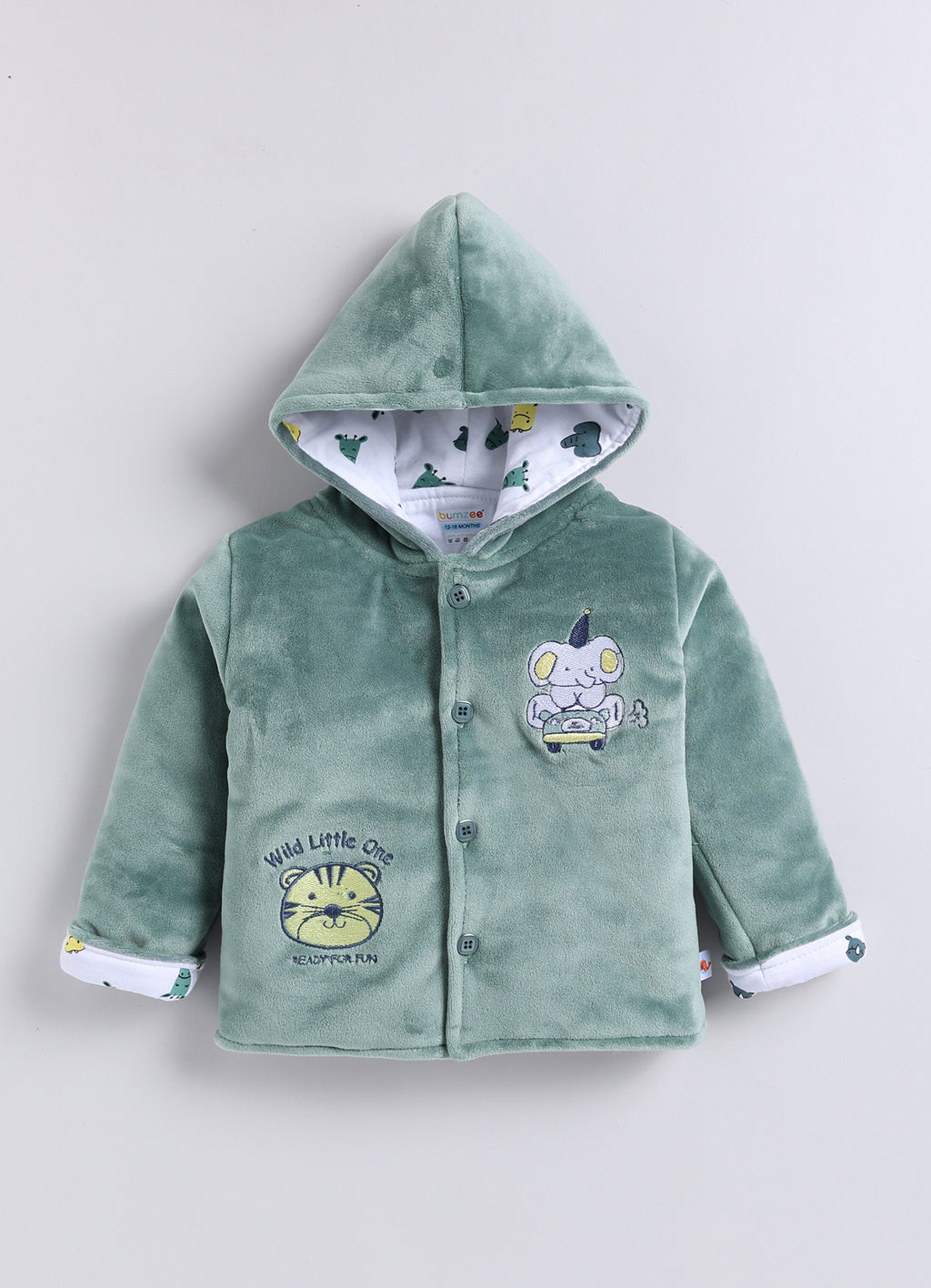 Bumzee Green Embroidered Winter Set, Full Sleeves, Velvet, Hooded (Style Peb11699)