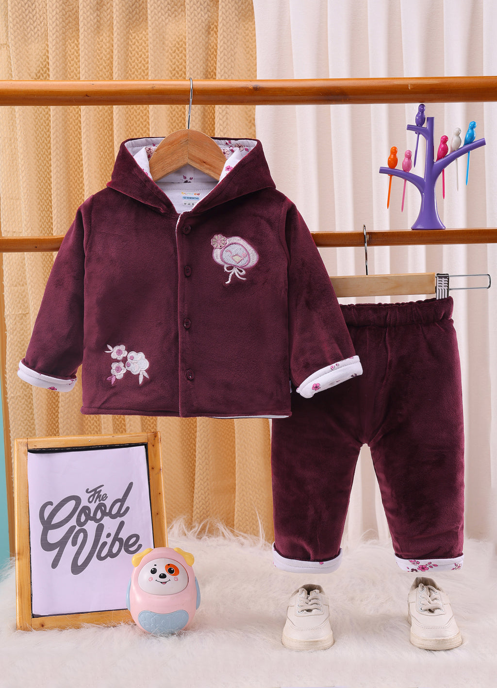 Bumzee Wine Embroidered Winter Set, Full Sleeves, Velvet