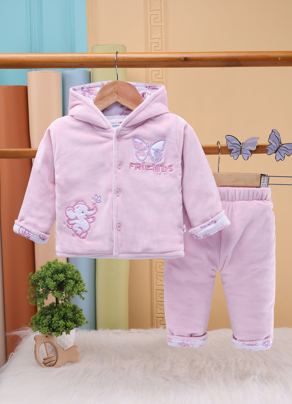 Bumzee Baby Pink Embroidered Winter Set, Full Sleeves, Velvet