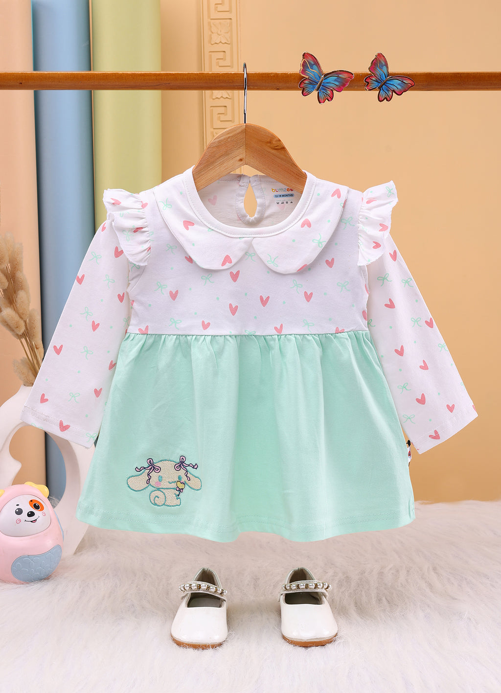 Bumzee Green & White Graphic Print Frock, Full Sleeves, 100% Cotton