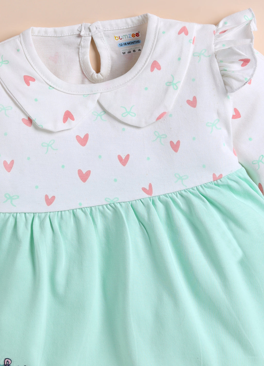 Bumzee Green & White Graphic Print Frock, Full Sleeves, 100% Cotton