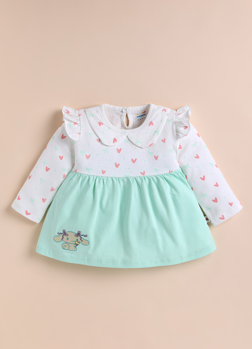 Bumzee Green & White Graphic Print Frock, Full Sleeves, 100% Cotton