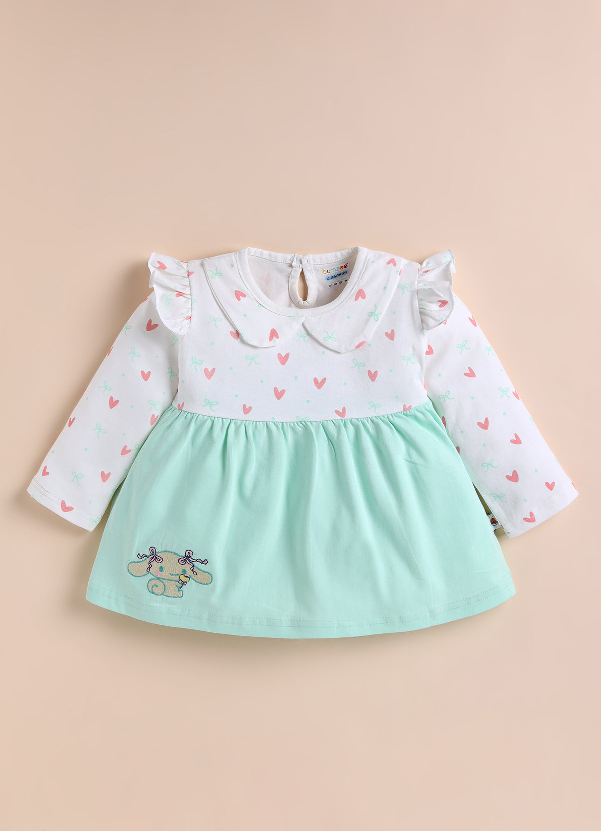Bumzee Green & White Graphic Print Frock, Full Sleeves, 100% Cotton