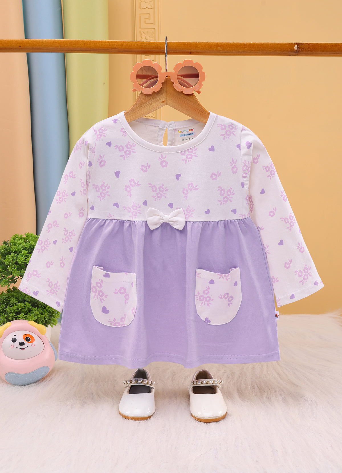 Bumzee Lavender & White Floral Print Frock, Full Sleeves, 100% Cotton