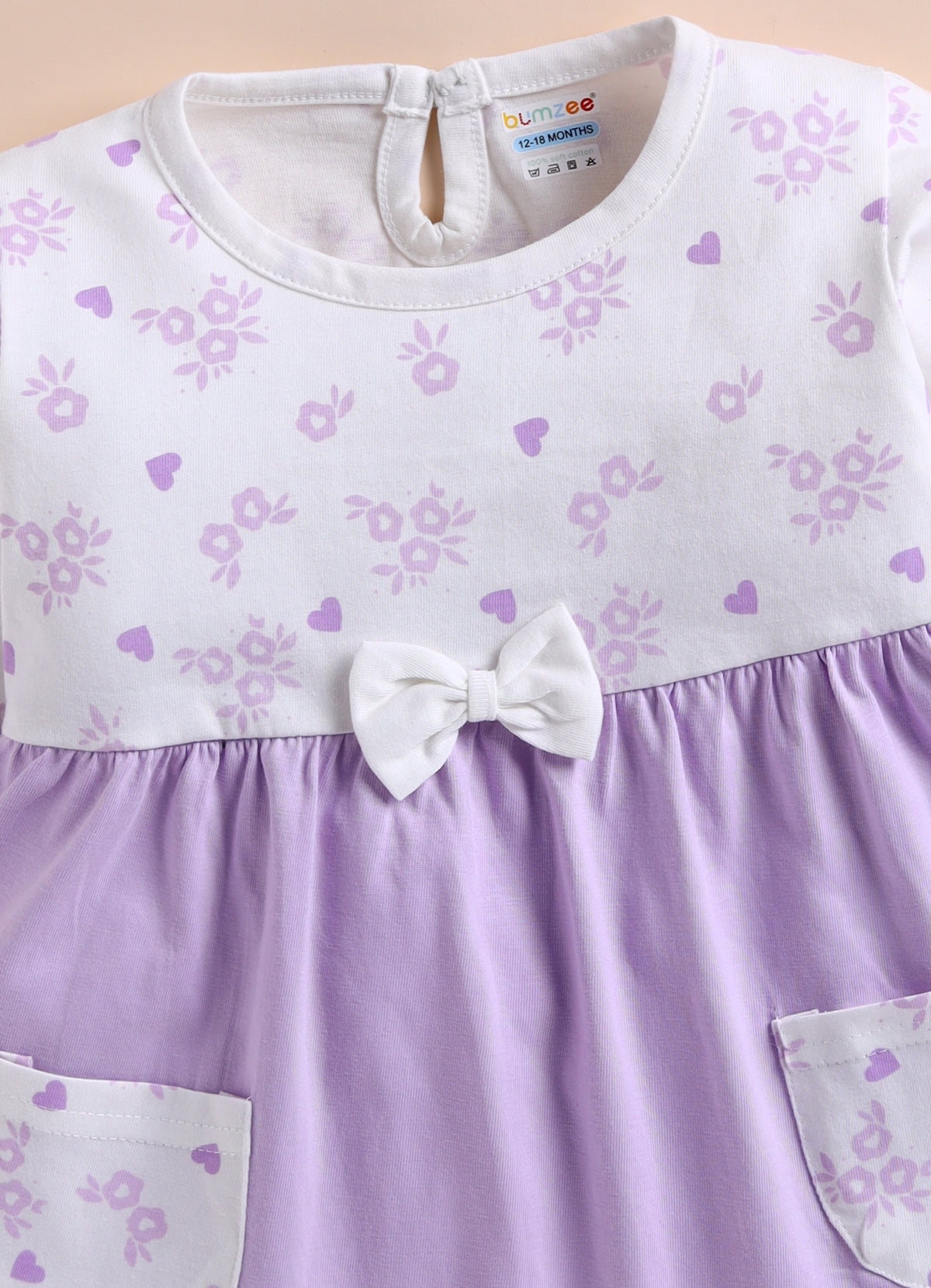 Bumzee Lavender & White Floral Print Frock, Full Sleeves, 100% Cotton