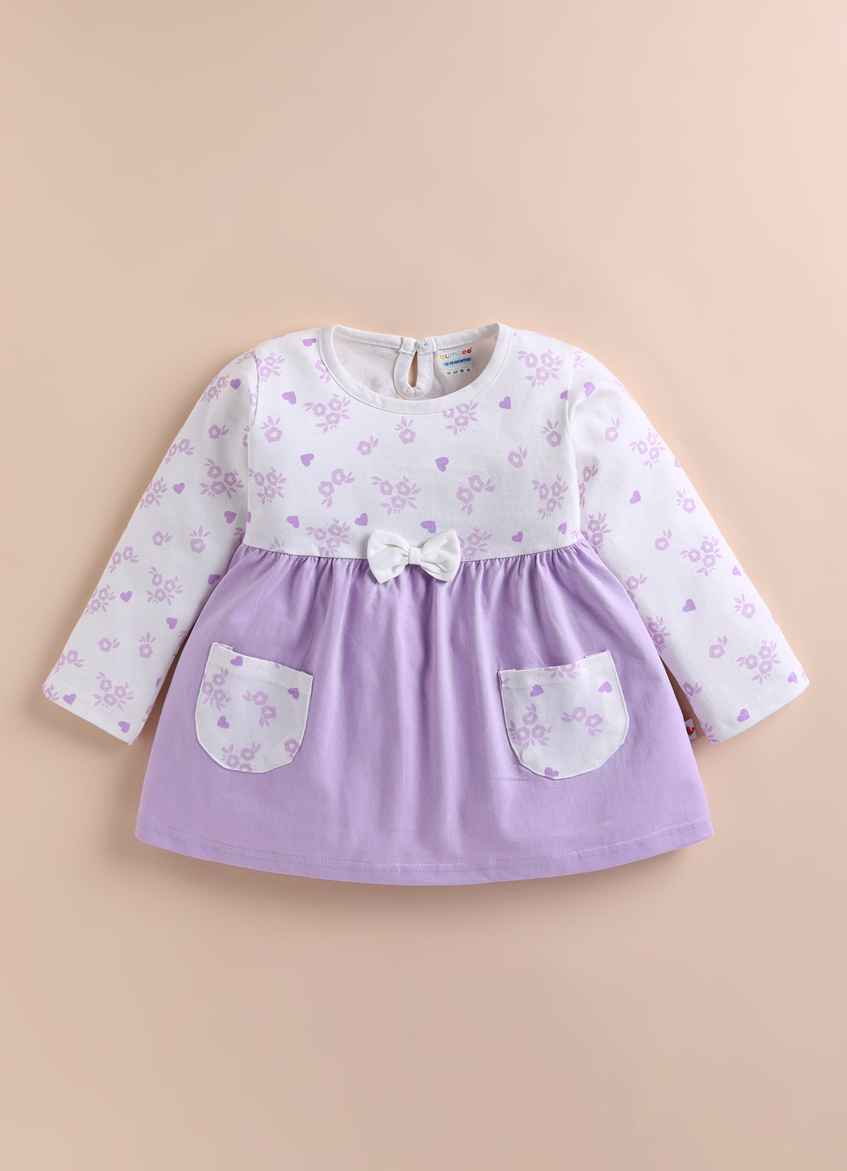 Bumzee Lavender & White Floral Print Frock, Full Sleeves, 100% Cotton