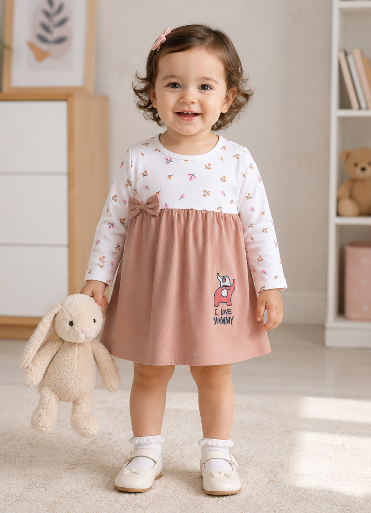 Bumzee Peach & White Floral Print Frock, Full Sleeves, 100% Cotton