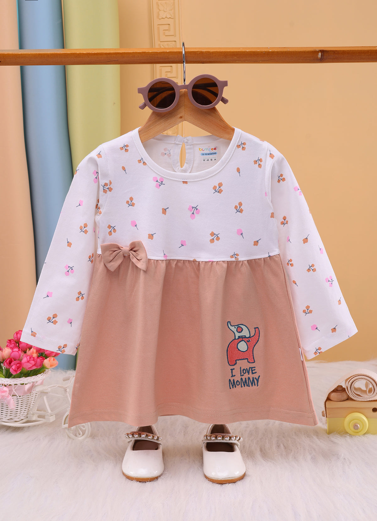 Bumzee Peach & White Floral Print Frock, Full Sleeves, 100% Cotton
